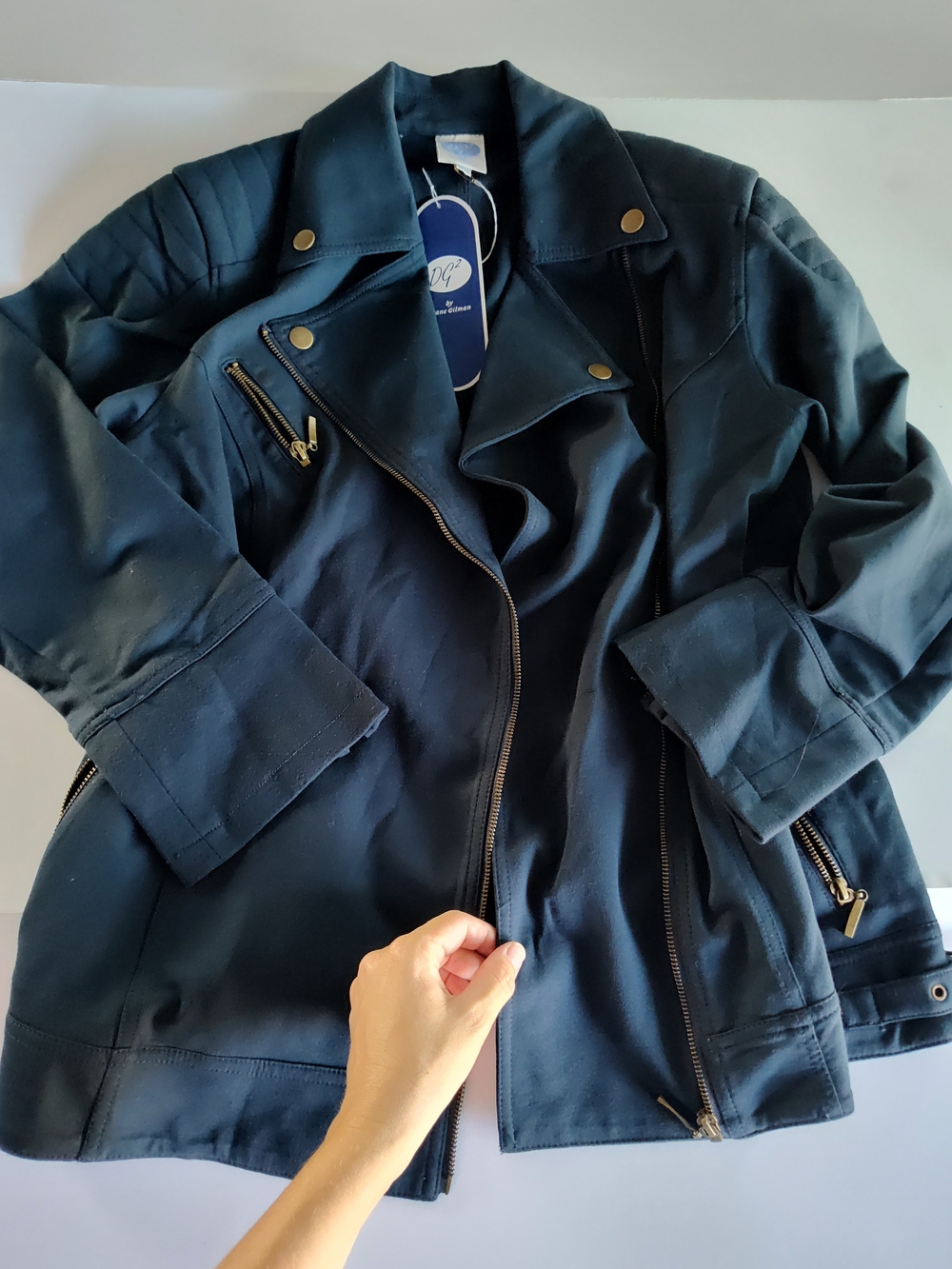 NWT size L navy blue asymmetrical motorcycle jacket Diane Gilman DG2